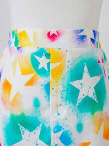 青少年女孩时尚彩色涂鸦印花短款上衣和松紧腰裙套装