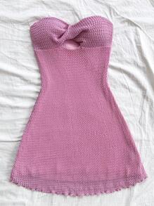 Soleia 女士度假风格纹理针织紧身 A 字形前镂空扭纹细节薄荷蓝色紧身胸衣海滩西部节日夏季波西米亚风迷你连衣裙 - 玫紅色 - 查看 3