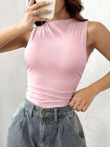 StreetHx Women's Solid Color Stand Collar Pleated Ribbed Casual Bodysuit, Summer - Baby Pink - View 3