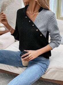 SHEIN LUNE Women's Contrast Color Metal Buckle Decorated Long Sleeve Sweatshirt Pullover Fall Sweatshirt - Black - View 3
