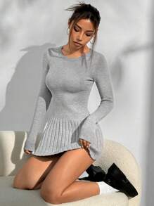 SHEIN Unity Women's Solid Round Neck Long Sleeve Casual Midi Dress, Autumn Winter - Grey - View 6