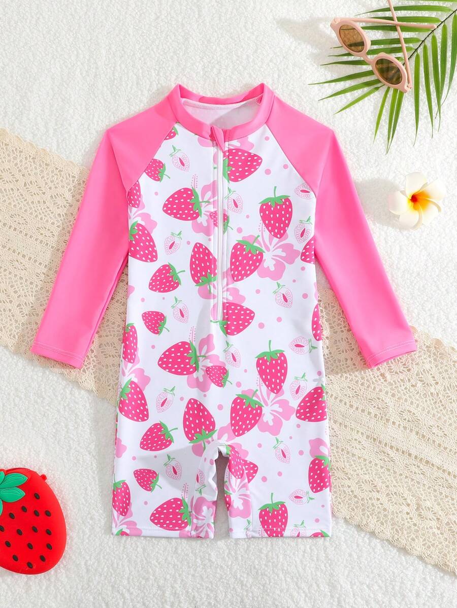 1 件年轻女孩印花连体泳衣 - 粉色 - 查看 1