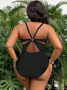 Swim Vcay Plus Size U Neck Hollowed Back Pleat One-Piece Swimsuit Summer - Black - View 2