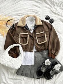 Soleia 女士休闲棕色 PU 皮革拼接毛领前开短款休闲夹克，休闲豹纹秋季夹克 - 棕色 - 查看 3