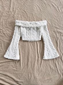 Soleia 1 件女式度假白色心形图案双面羊毛露肩喇叭袖短款上衣，秋季 - 白色 - 查看 8