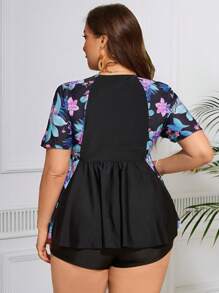 Swim Lushoire Bãi biển mùa hè Plus Size dành cho nữ Áo thun ngắn tay in hình thực vật Raglan và quần bơi vuông hoặc bộ đồ bơi Tankini - Nhiều màu - Xem 2