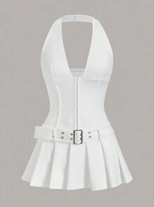 SHEIN ICON Y2k School Women Clothes Homecoming Dresses Date Night Dress Solid Color Halter Backless Metal Buckle Waist Cinching Wide Pleated Waist Belt Decor Sexy Sleeveless Dress - White - View 2