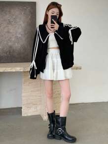 DAZY Women's Color Block Trim Knot Peter Pan Collar Long Sleeve Black Jacket - Black - View 4