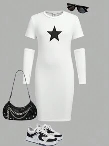 女童星形图案短袖连衣裙