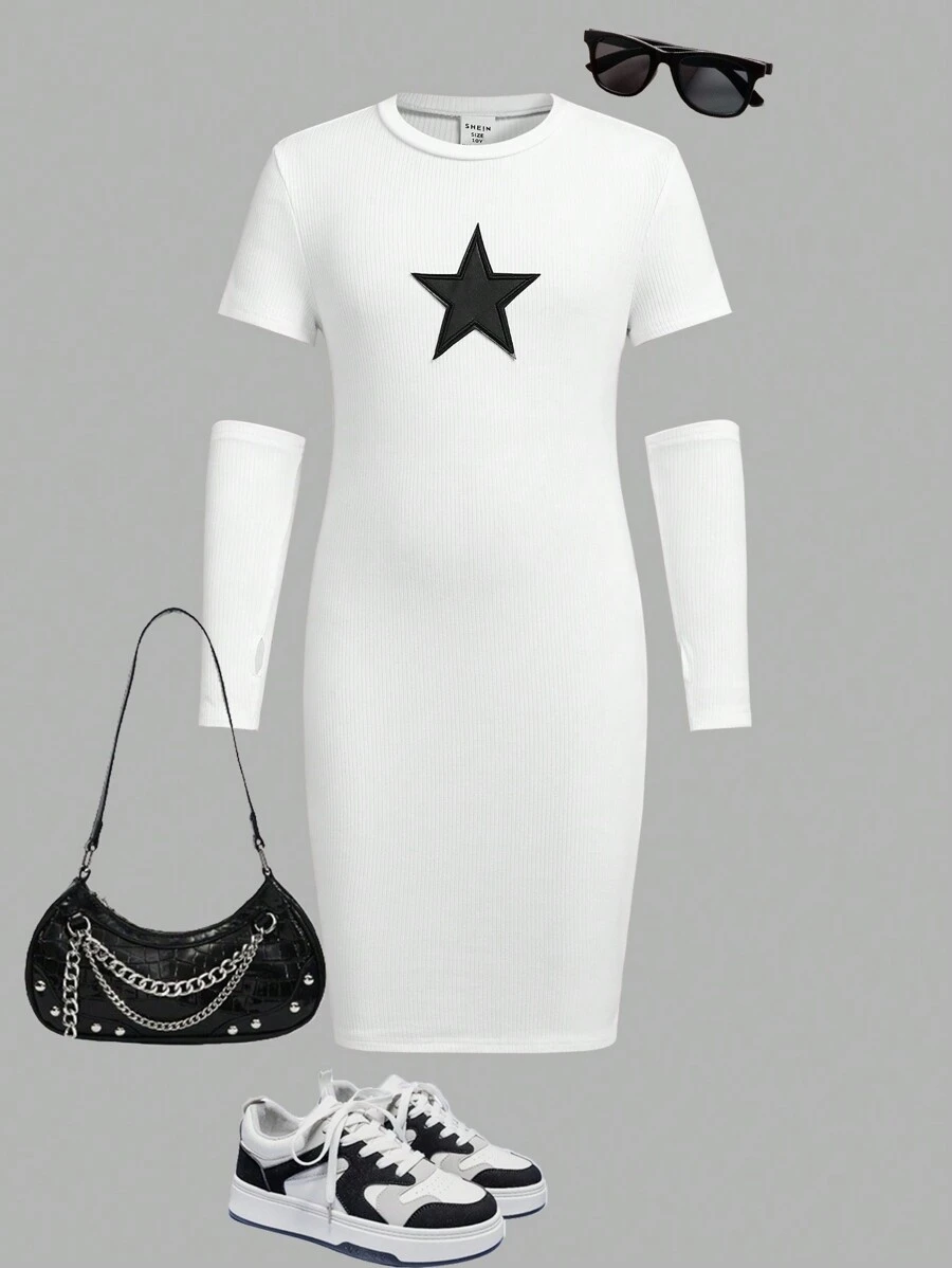 女童星形图案短袖连衣裙