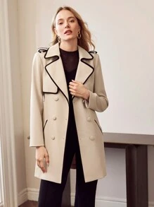 MOTF PREMIUM 撞色绑带扣腰带双排扣风衣 - 卡其色 - 查看 3