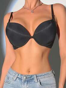 Black Contrast Lace Push Up Bra For Women With Slight Stretch Fabric - Black - View 4