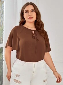 SHEIN Clasi 大码女式纯色简约日常系带短袖衬衫，商务休闲女装 - 巧克力棕 - 查看 5