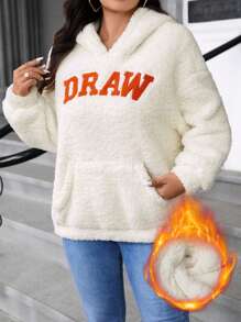 Calvaya Plus Size Long Sleeve Hooded Sweatshirt With Letter Print And Pocket, Casual Daily Wear Pullover Fall Outfit