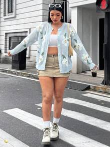 Flirla Áo len cardigan dài tay khoét lỗ họa tiết hoa cỡ lớn cho nữ, mùa thu/đông - Nhiều màu - Xem 6