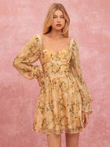 Enchnt Women's Floral Print Sweetheart Neck Long Sleeve Multi-Layered Lotus Leaves Dress,Beige Autumn Cottage Core Tea Party Fall Winter Clothing Dresses - Yellow - View 1