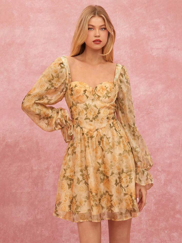 Fall Winter Women's Floral Print Sweetheart Neck Long Sleeve Multi-Layered Lotus Leaves Dress,Winter  Dresses,Fall Women Clothes,Fall Winter  Women's Clothing