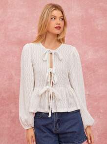 Women's Round Neck Long Sleeve Tie Front Casual Fashion Blouse - Pink - View 4
