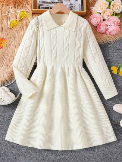 SHEIN Tween Girl 复古粗针织 Polo 领毛衣连衣裙，韩版风格