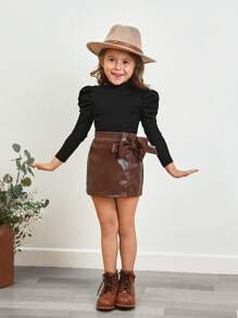 SHEIN Young Girl Plain Color All-Match Stand Collar T-Shirt With Puff Sleeves, Versatile - Black - View 5