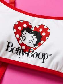 Betty Boop x SHEIN 少女 2 件套 可爱卡通印花内衣吊带背心 - 黑與白 - 查看 4