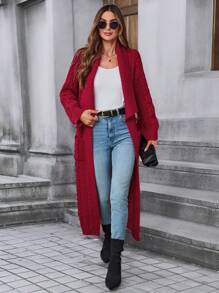 SHEIN LUNE Rust Red Long Sleeve Lapel Maxi Knitted Cardigan With Pockets, Suitable For Commute And Casual Wear - Rust Brown - View 3