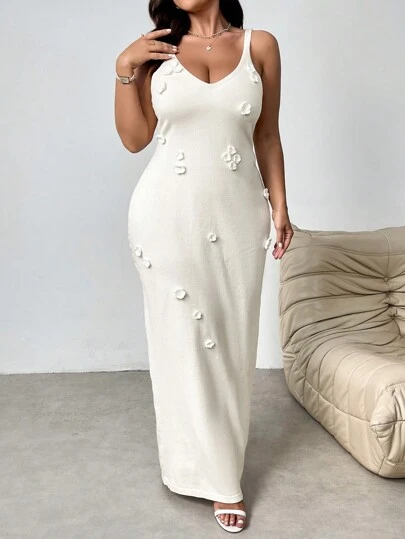 Firerie Plus Size Comfortable Casual Vacation Knit Floral Applique Bodycon Slip Dress, Apricot