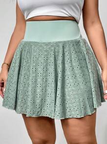 SHEIN Privé Plus Size Summer Elegant Casual Athletic Hollow-Out Textured Skort With Pockets, Green - Army Green - View 6