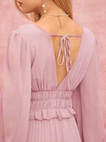 Enchnt 女士优雅纯色灯笼袖褶皱连衣裙，春夏 - 藕粉色 - 查看 5