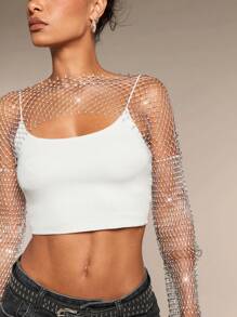 SHEIN BAE Solid Sexy Sheer Mesh Rhinestone Glaring Summer Music Festival Long Tops - Silver - View 3
