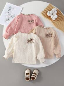 3-Piece Baby Girl Autumn/Winter Morandi Color Elegant Jacquard Knit Crew Neck Sweater Set, Adorned With Bow Decor, Suitable For Casual Outdoor, Home, And Party Occasions - Multicolor - View 1