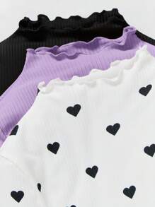 SHEIN 3pcs Tween Girls Solid Color Crew Neck Sweaters With Heart Graphic, Long Sleeve Casual Tops - Black - View 3