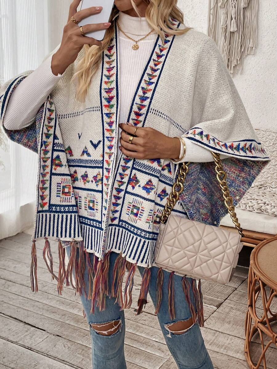 SHEIN LUNE Geometric Print Batwing Sleeve Casual Cardigan With Tassel Trim - Apricot - View 1