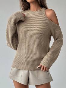 SHEIN Clasi Suéter holgado de manga larga con hombros descubiertos de unicolor para mujer, de otoño/invierno, suéter de punto de otoño - Caqui - Ver 3