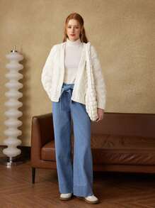 SHEIN MOD Cardigan Solto Branco Feminino, Queda/Inverno, Anos 90, Renascença, Old Money, Homecoming, Casual Business, Moda Coreana, Cottage Core, Vestuário de Escritório - Branco - Visão 5