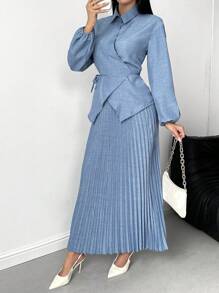 SHEIN Clasi Bộ 2 món cổ áo quấn quyến rũ thanh lịch, tay dài - Màu xanh lam - Xem 5