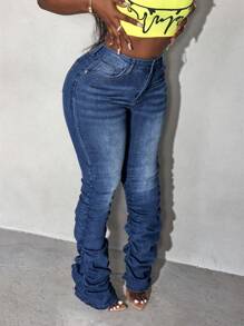Slaydiva Jeans skinny blu in denim da donna con design stropicciato - Blu lavato scuro - Visualizzare 5