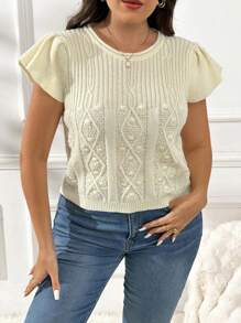 SHEIN Privé Áo len chui đầu cỡ lớn cho nữ, mùa thu, màu mơ, tay lửng, họa tiết móc dây xoắn - Màu be - Xem 6