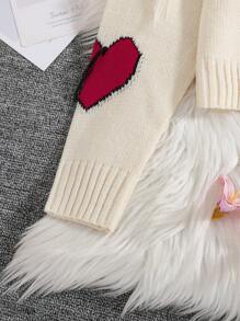 Teenage Letter & Heart Jacquard Ribbed Pullover Sweater - Beige - View 4