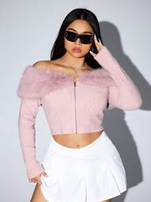 SHEIN ICON Plus Áo khoác hở vai viền lông ngắn màu hồng, cho mùa đông - Hồng - Xem 2