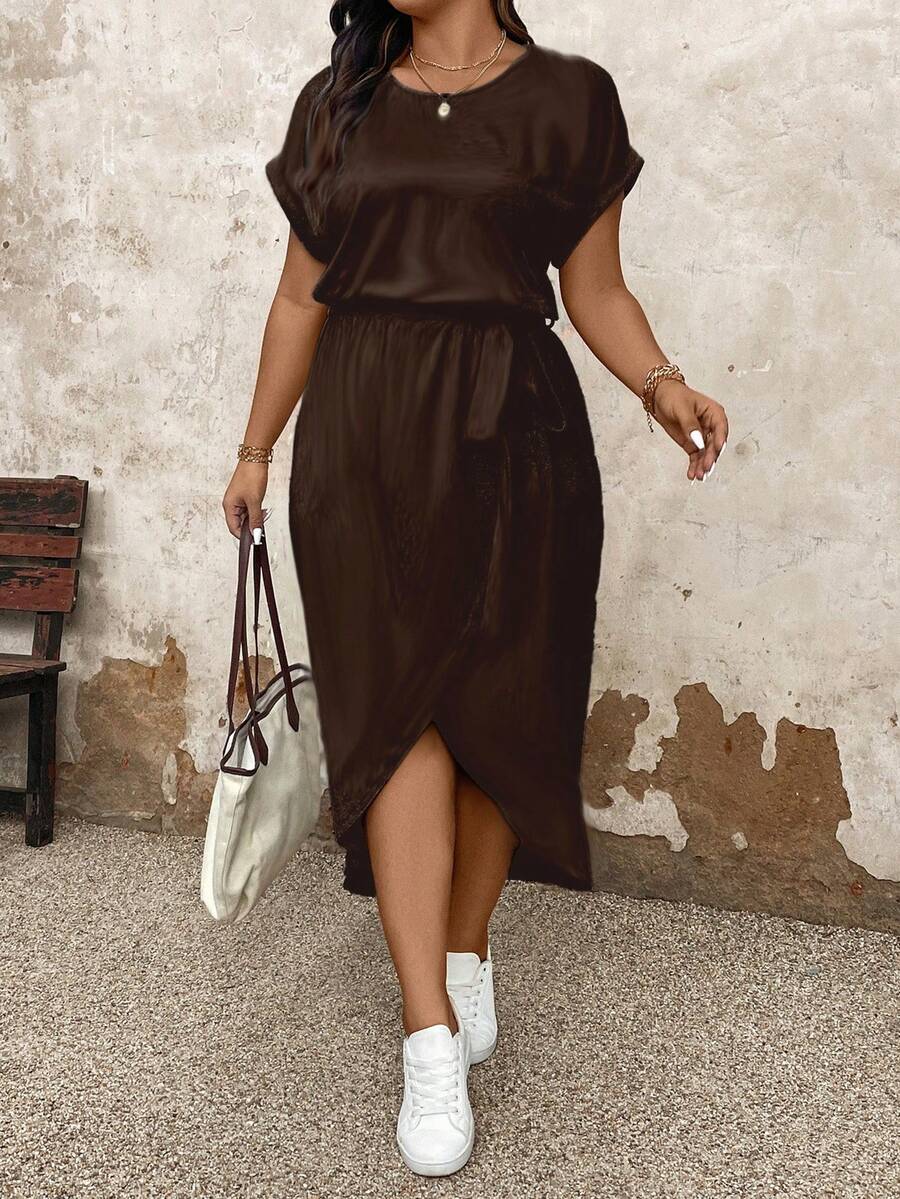 Váy quấn tay cánh dơi màu trơn cỡ lớn thường ngày, mùa hè - màu nâu - Xem 1