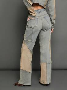 WESTFADE Premium 99% Cotton Denim Mid Rise Patchwork Y2K Wide Leg Jeans - Light Wash - View 8