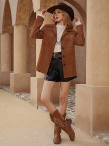 SHEIN Privé Versatile Fashionable Retro OL Commute Suede Chest Pocket Design Long Sleeve Blazer Jacket