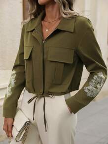 SHEIN Clasi Chaqueta con cremallera, cordón y bolsillos bordada de manga larga para mujer - Verde militar - Ver 1
