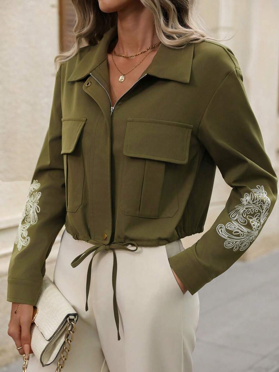 SHEIN Clasi Chaqueta con cremallera, cordón y bolsillos bordada de manga larga para mujer - Verde militar - Ver 1