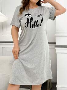Plus Size Women's Eyelash & Letter Print Short Sleeve Midi Length Nightgown, Moo Moo Night Dress - Light Grey - View 1