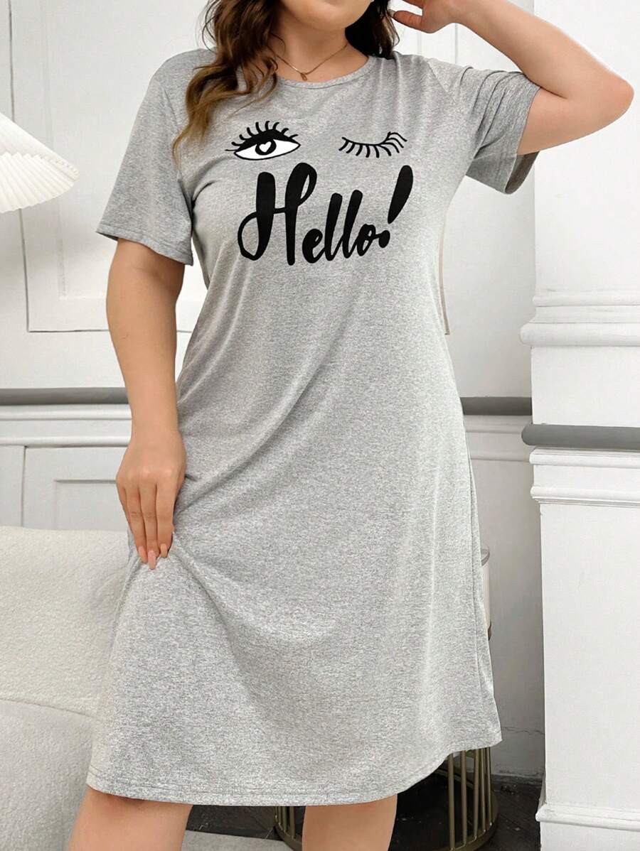 Plus Size Women's Eyelash & Letter Print Short Sleeve Midi Length Nightgown, Moo Moo Night Dress - Light Grey - View 1