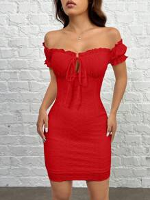 SHEIN EZwear Vestido ajustado de punto con hombros descubiertos - Rojo - Ver 4