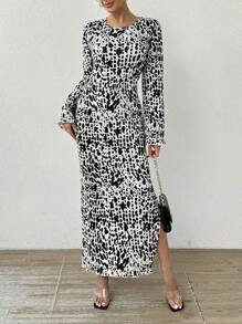 SHEIN Essnce Vestido de mujer ajustado de cuello redondo de manga larga con bajo dividido con estampado total, vestidos de mujer de primavera/verano, vestidos de mujer de otoño, vestido sexy, vestido largo, vestido de fiesta, vestido informal de oficina, vestido de mujer de otoño, vestido de mujer de invierno, faldas de mujer de moda coreana, atuendos de mujer de otoño, atuendos de mujer de invierno, ropa de mujer de invierno, atuendo de cena, ropa de otoño, vestido de invierno, conjunto de ropa de invierno, vestido de gala formal - Multicolor - Ver 3