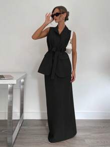 SHEIN Essnce 2 buc. Blazer și costum de fustă fără mâneci pentru femei